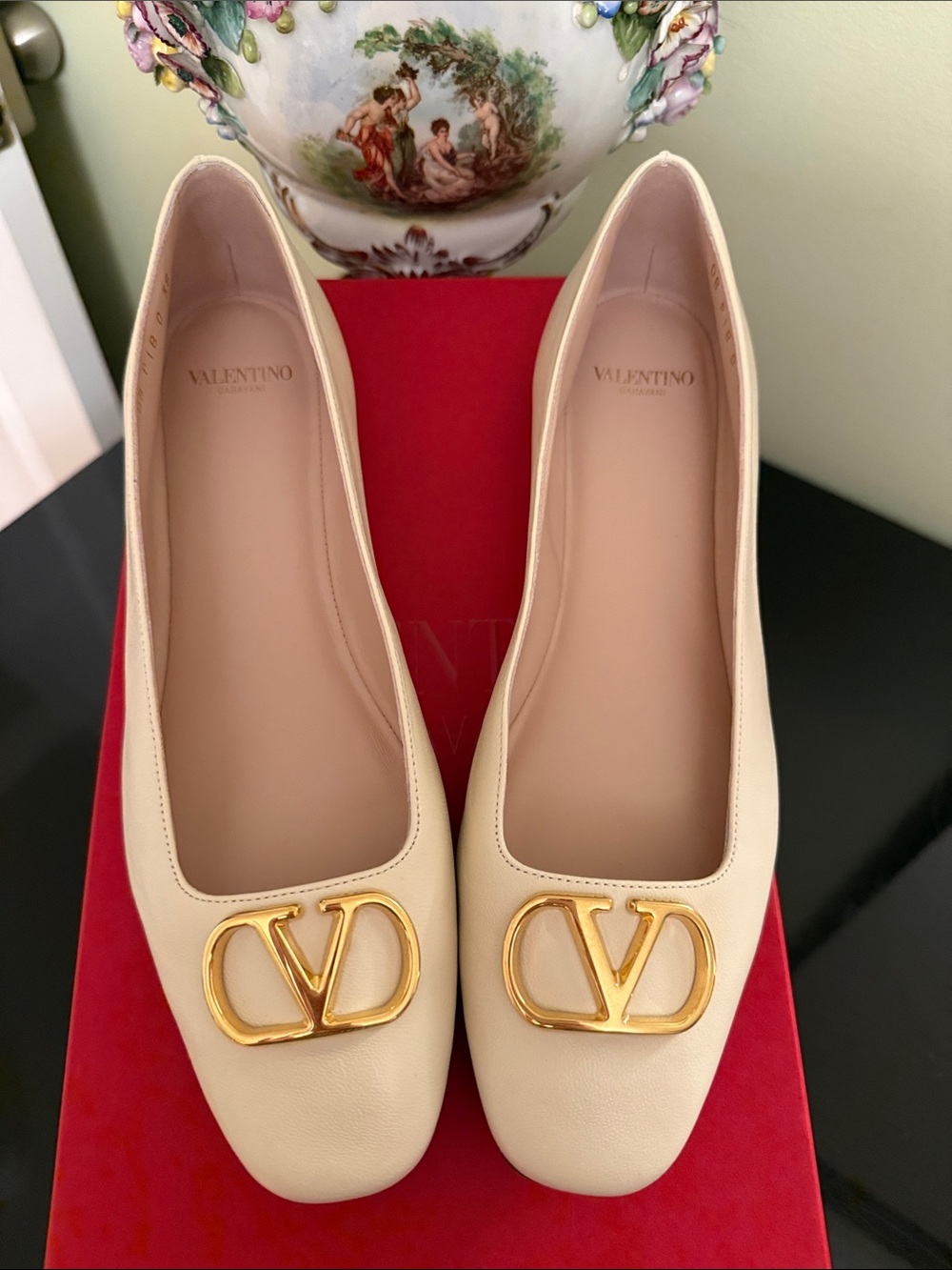Valentino Garavani Cream Leather Vlogo Flats with Gold Hardware